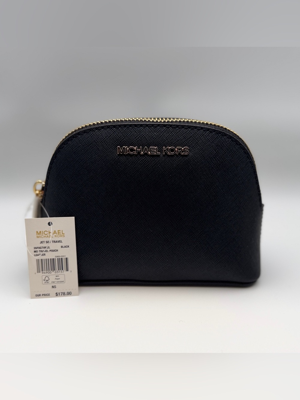 Michael Kors Jet Set Travel Saffiano Leather Medium Pouch — Black — NWT